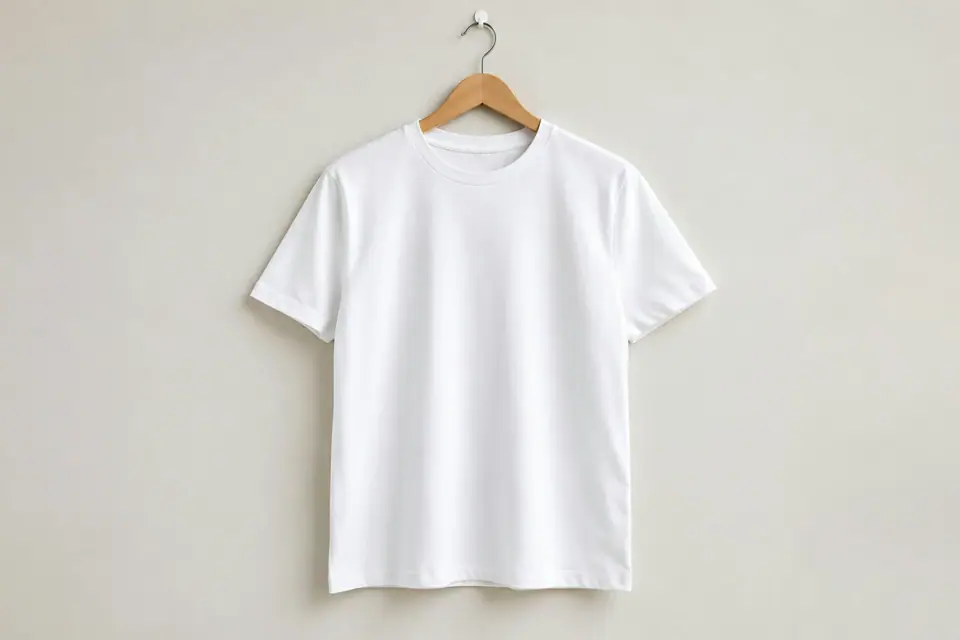 Remera blanca lisa de algodón colgada en una percha de madera sobre pared clara