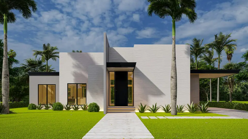 Casa moderna blanca de una planta con jardín y palmeras.
